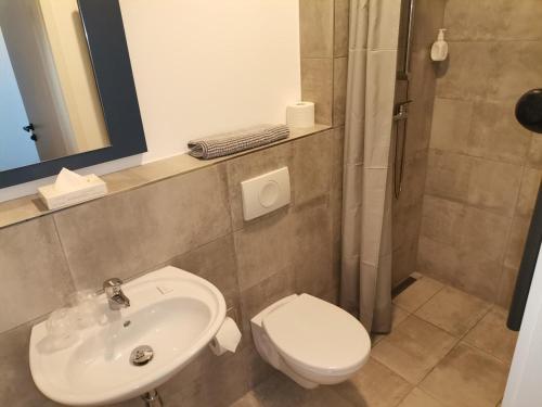 a bathroom with a toilet and a sink and a shower at Hotel A24 bei Hamburg in Glinde