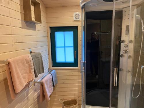 La salle de bains est pourvue d'une douche et d'une cabine de douche en verre. dans l'établissement La roulotte de bonneval, à Charleval
