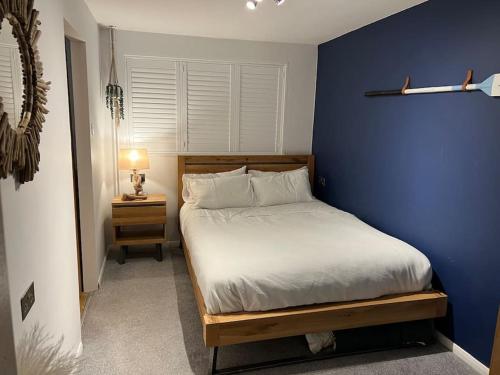 a bedroom with a bed with a blue wall at Unique one bedroom guest house with free parking in Aldershot