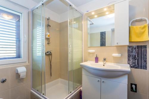 uma casa de banho com um lavatório e uma cabina de duche em vidro. em Dvosobni apartman u kući s bazenom, 1 kat em Draga Bašćanska