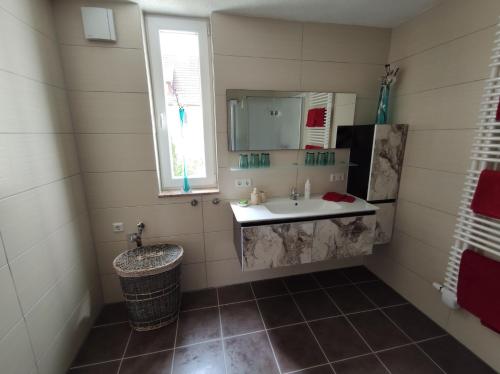 een badkamer met een wastafel en een spiegel bij Siris Ferienhaus in Springstille