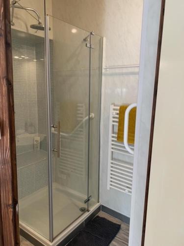 a shower with a glass door in a bathroom at No 5 Plaisance Studio in Plaisance