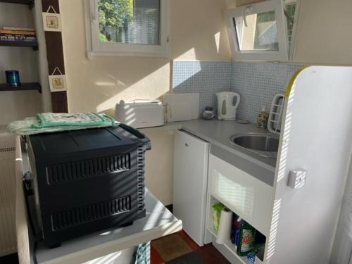 a small kitchen with a stove and a sink at No 5 Plaisance Studio in Plaisance