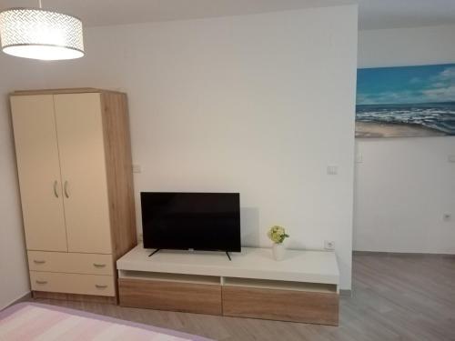 een woonkamer met een tv aan een witte muur bij Studio apartment Iva in Bale