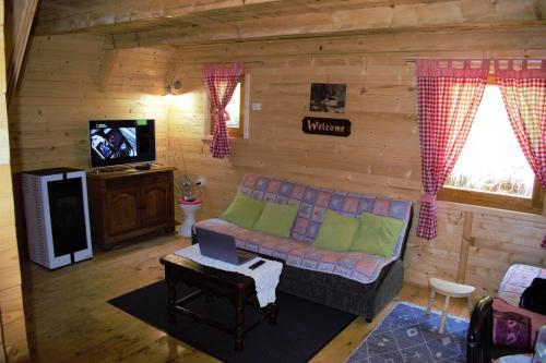a living room with a couch in a log cabin at Breeze Home Cottage in Cetinje