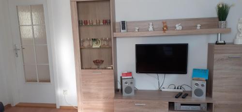 a living room with a tv and a wooden entertainment center at Ferienwohnung Familie Thiedemann in Pirna