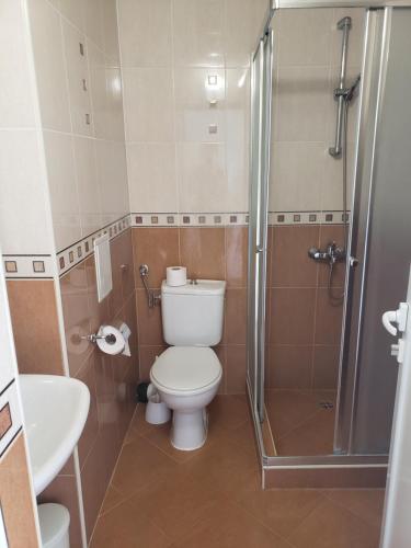 a bathroom with a toilet and a shower at Family Hotel Magnolia in Sunny Beach