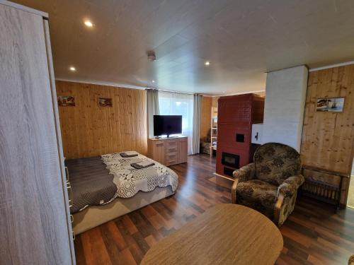 a bedroom with a bed and a chair and a television at Paju Majutus! in Ohtja