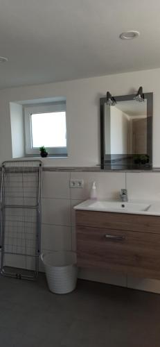 une salle de bain avec un lavabo et un miroir et des toilettes dans l'établissement Ferienwohnung am Vareler Hafen/ Nordsee, à Varel