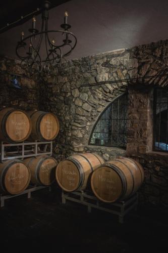 a row of barrels in a room with a stone wall at Agriturismo La Terrazza in Velva