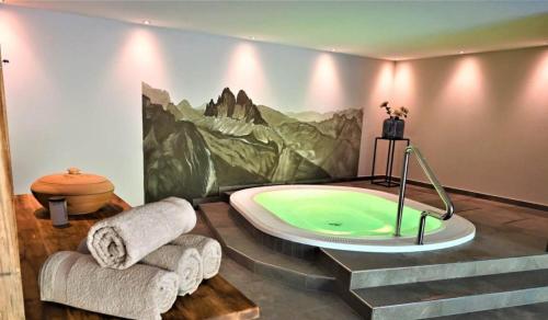 a bathroom with a jacuzzi tub with a mountain mural at Alpenappart App Schwarzenstein in Cadipietra