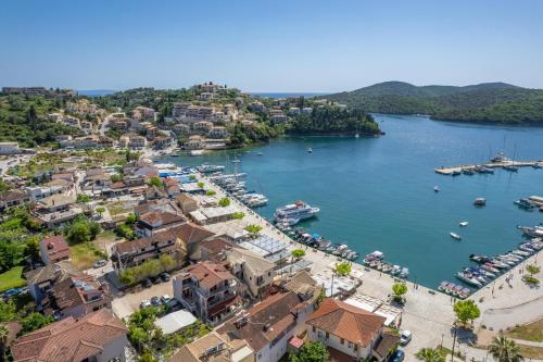 an aerial view of a town and a harbor at Virvilis Apartments in Sivota