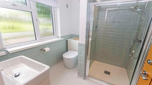 a bathroom with a shower and a toilet and a sink at Swallows Croyde - Open plan beach chalet & close proximity to the beach - Sleeps 6 in Croyde