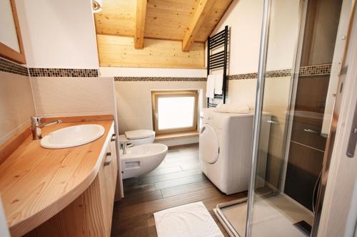 uma casa de banho com um WC, um lavatório e um chuveiro em La Marmote Albergo Diffuso di Paluzza Cleve em Paluzza