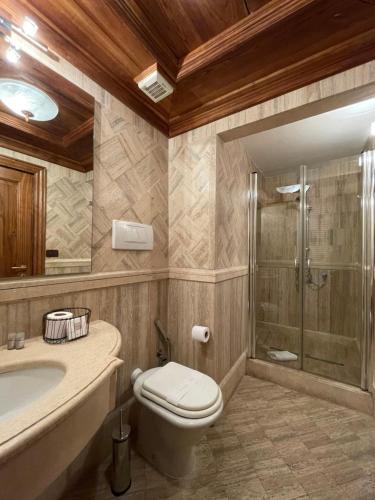 uma casa de banho com um WC, um lavatório e um chuveiro em Al Palazzetto em Tivoli
