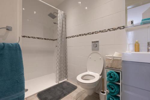 a white bathroom with a toilet and a shower at La Vieille Distillerie in Matha