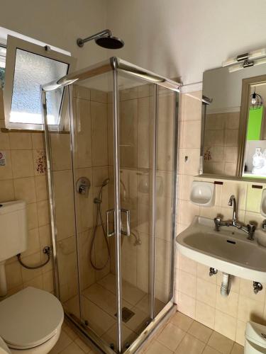 a bathroom with a shower and a toilet and a sink at Ilaeira rooms in Argasi