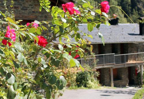 a tree with red roses in front of a building at Apartaments Turístics Vilaró in Llorts
