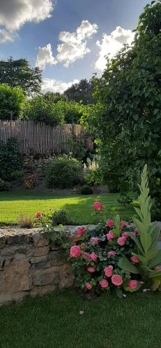 a garden with pink flowers and a fence at Au Cœur des Vallées in Couvin