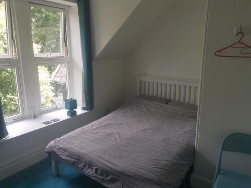 a bed in a bedroom with two windows at Dalwhinnie Old School Hostel in Dalwhinnie