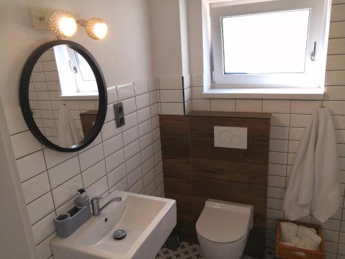 La salle de bains est pourvue d'un lavabo, de toilettes et d'un miroir. dans l'établissement Apartmány RŮŽIČKA, à Mikulov