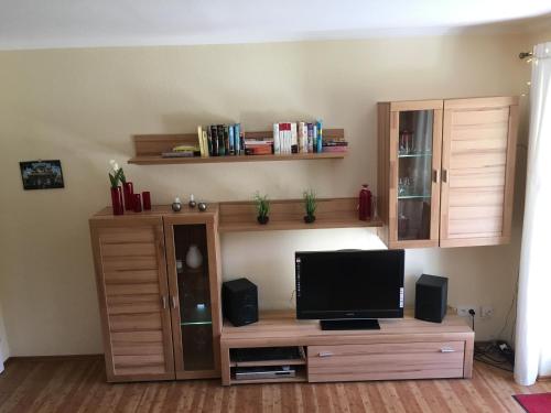 a living room with a tv on a wooden entertainment center at Apartment Kleeblatt in Hahnenklee-Bockswiese
