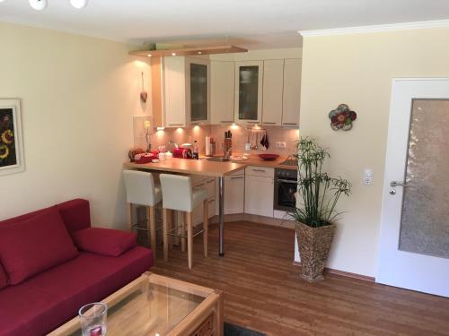 ein Wohnzimmer mit einem roten Sofa und einer Küche in der Unterkunft Apartment Kleeblatt in Hahnenklee-Bockswiese