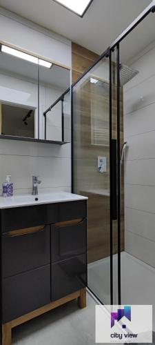 a bathroom with a sink and a shower at CITY VIEW Tołstoja - KLIMATYZACJA in Świdnica