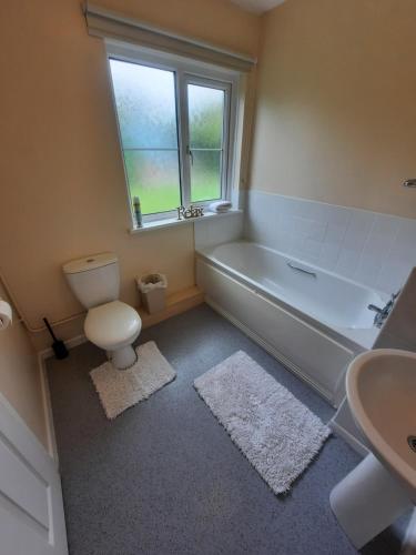 a bathroom with a tub and a toilet and a sink at Cwmwdig Cwtch (3 minutes drive to Abereiddy bay!) in Haverfordwest