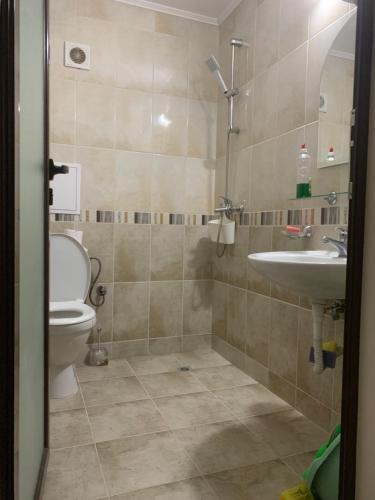 a bathroom with a toilet and a sink at Park and pool Studio Apostolovi in Nesebar