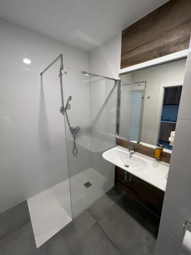 a bathroom with a sink and a shower at Aparthotel Apartamenty Czarna Góra 140 in Sienna