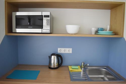 a microwave sitting on a shelf above a kitchen sink at YouthMents - Student Hotel in Rīga