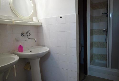 a bathroom with a sink and a mirror and a shower at Koleje Zamecek in Lednice