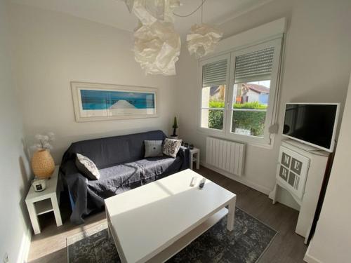 un salon avec un canapé et une télévision dans l'établissement Maison de vacances pour 6 personnes STELLA PLAGE - Villa POPPEE, à Cucq