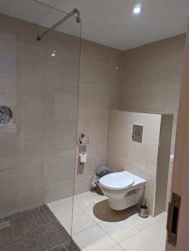 a bathroom with a toilet and a glass shower at Barley Sheaf, Old Bridge Street EN SUITE ROOMS, ROOM ONLY in Truro