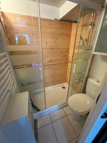 une petite salle de bain avec toilettes et douche dans l'établissement Aux Ayguades, Pavillon tout confort proche plage, terrasse et WIFI, à Gruissan