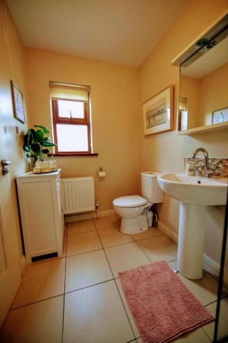 a bathroom with a toilet and a sink at Mourne Magic House-Riverside luxury in Newcastle in Newcastle