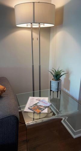 a glass coffee table with a potted plant on it at L'escale d'Orford in Orford