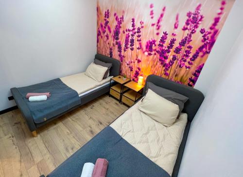 um pequeno quarto com 2 camas e um sofá em Apartament DELUX ROZTOCZE em Tomaszów Lubelski