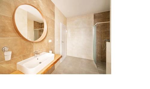 米庫洛夫的住宿－Penzion Kardinal，一间带水槽、镜子和淋浴的浴室