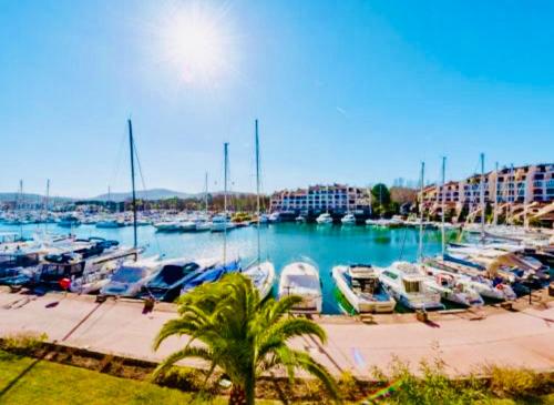 a marina with boats parked in a harbor at Petit Cocon magnifique vue sur Marina dans le golfe de Saint Tropez in Cogolin