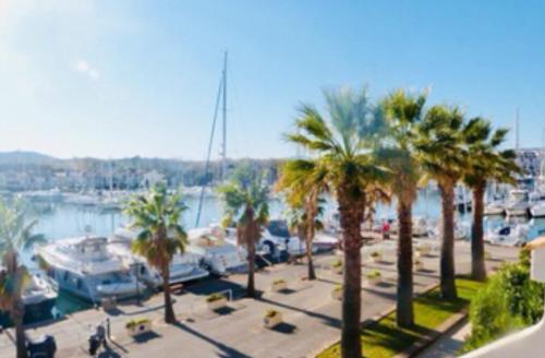 Blick auf einen Yachthafen mit Palmen und Booten in der Unterkunft Petit Cocon magnifique vue sur Marina dans le golfe de Saint Tropez in Cogolin