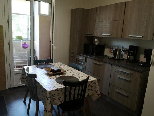 een keuken met een tafel met stoelen en een tafel en een tafel bij Les logis de l'aqueduc in Ajaccio