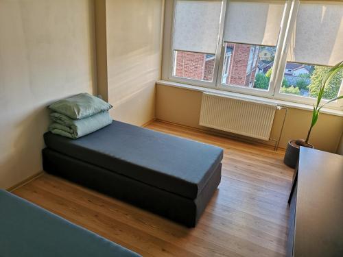 Habitación con cama en habitación con ventanas en Penthouse apartment en Mažeikiai
