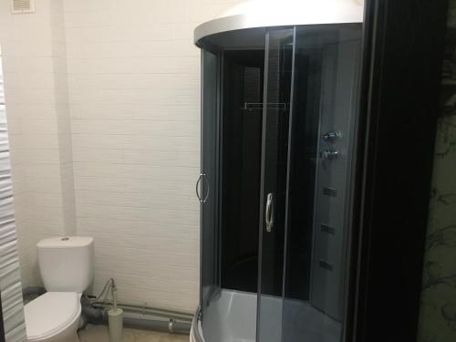 a bathroom with a toilet and a glass shower at Готель Максим Ресторан in Drogovyzhe