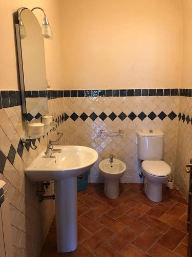 bagno con lavandino, servizi igienici e specchio di Il Gufo del Chianti a Montespertoli