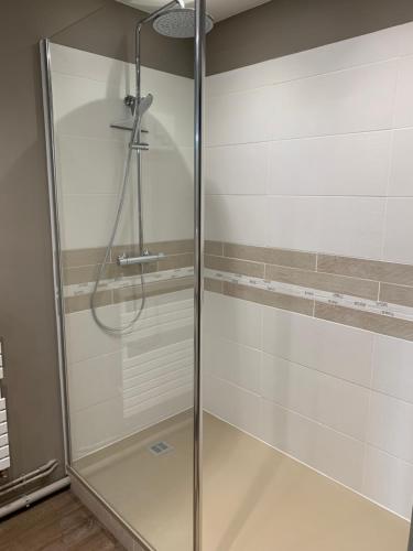 La salle de bains est pourvue d'une douche avec une porte en verre. dans l'établissement Au cœur de Lisieux 83 m2 et vue sur la Basilique, à Lisieux