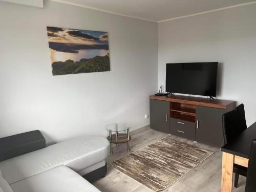 a living room with a white couch and a flat screen tv at Apartament Aspen in Polańczyk