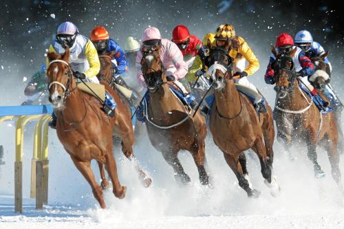 a group of people riding horses in the snow at Hotel Schweizerhof Pontresina in Pontresina