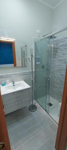 een badkamer met een glazen douche en een wastafel bij B&B Le Gorgonie in Tortora